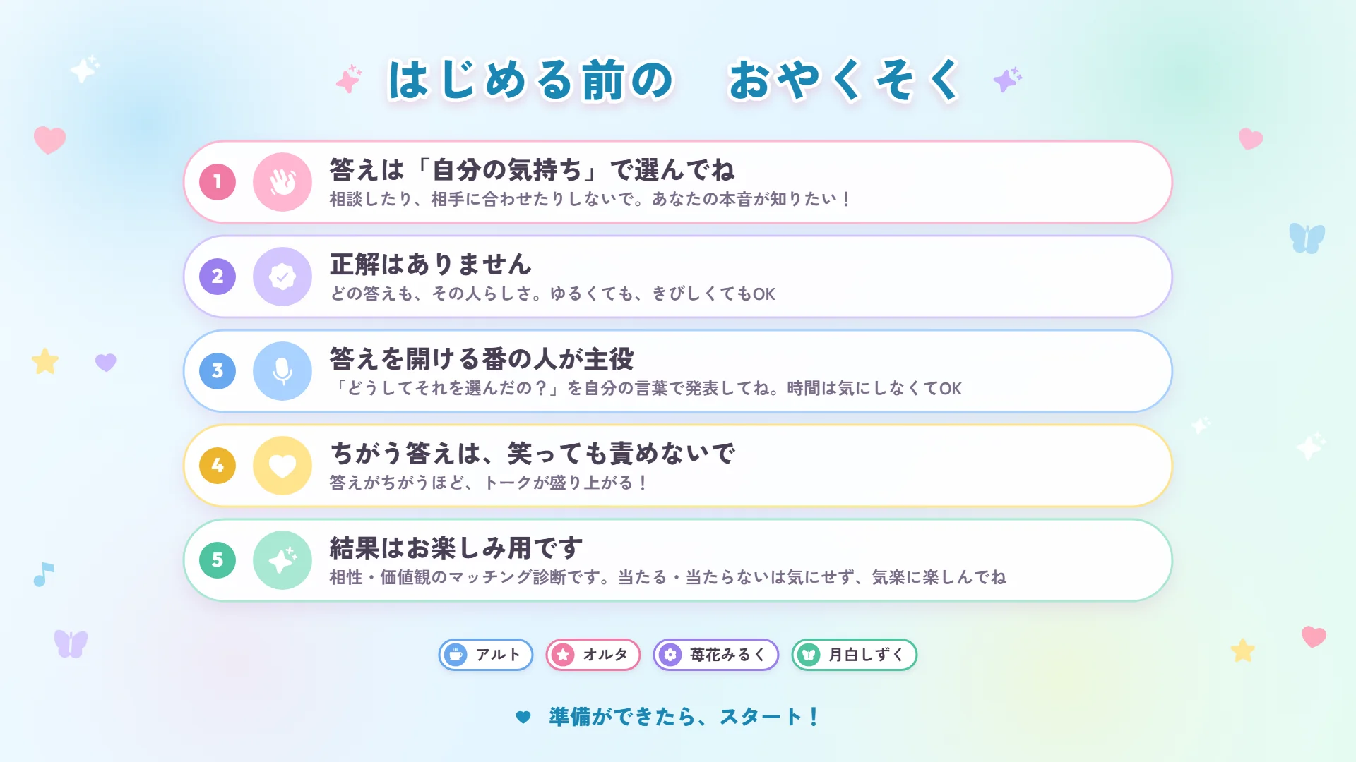おやくそく（はじめる前の約束。結果はお楽しみ用です）