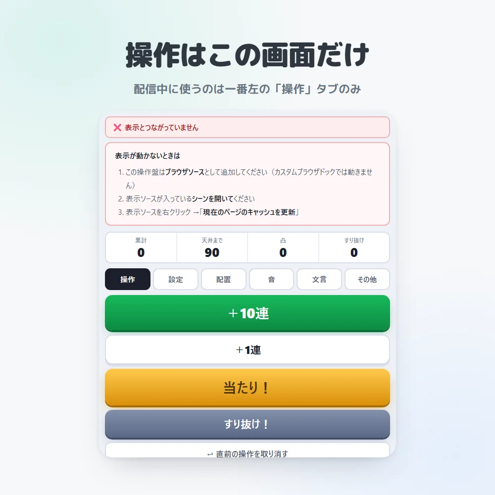 操作盤（操作タブ）。＋10連・＋1連・当たり！・すり抜け！のボタンと、上部の今の数