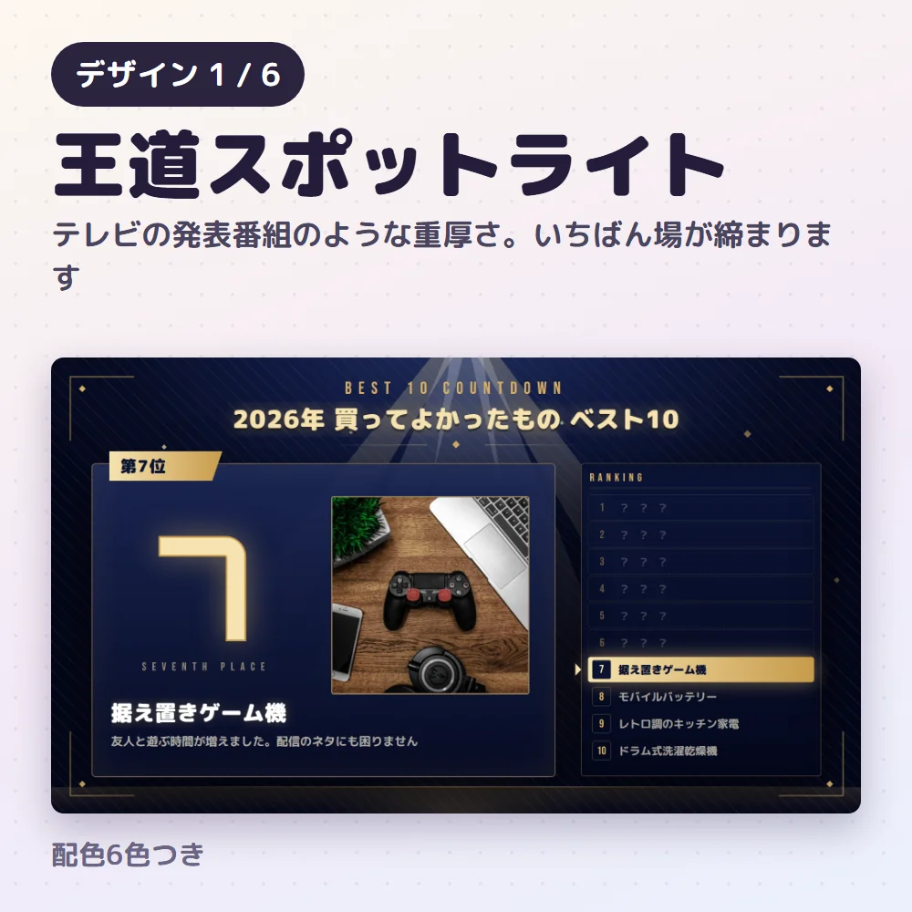 デザイン「王道スポットライト」の発表画面