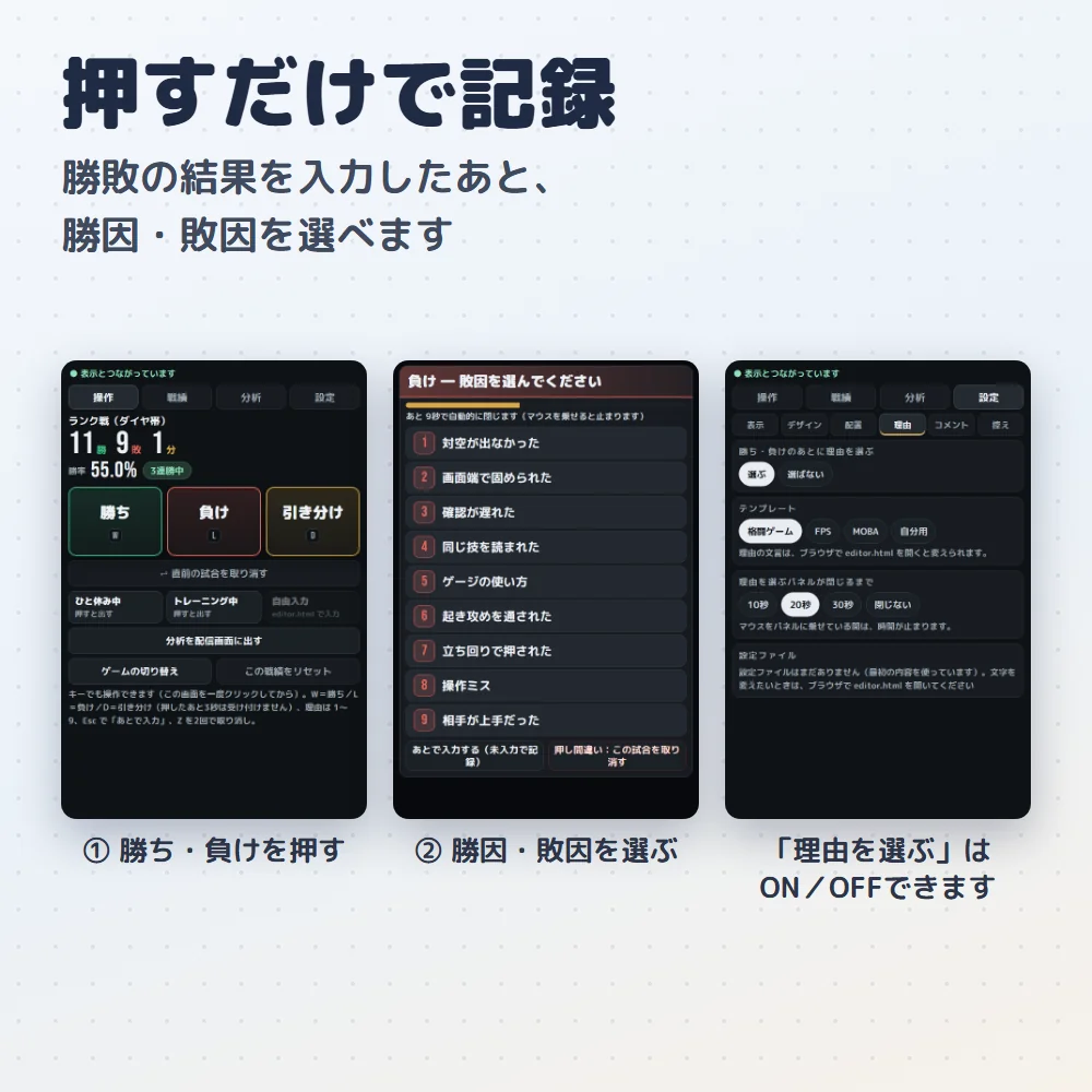 戦績の記録(勝った理由・負けた理由を選ぶ)